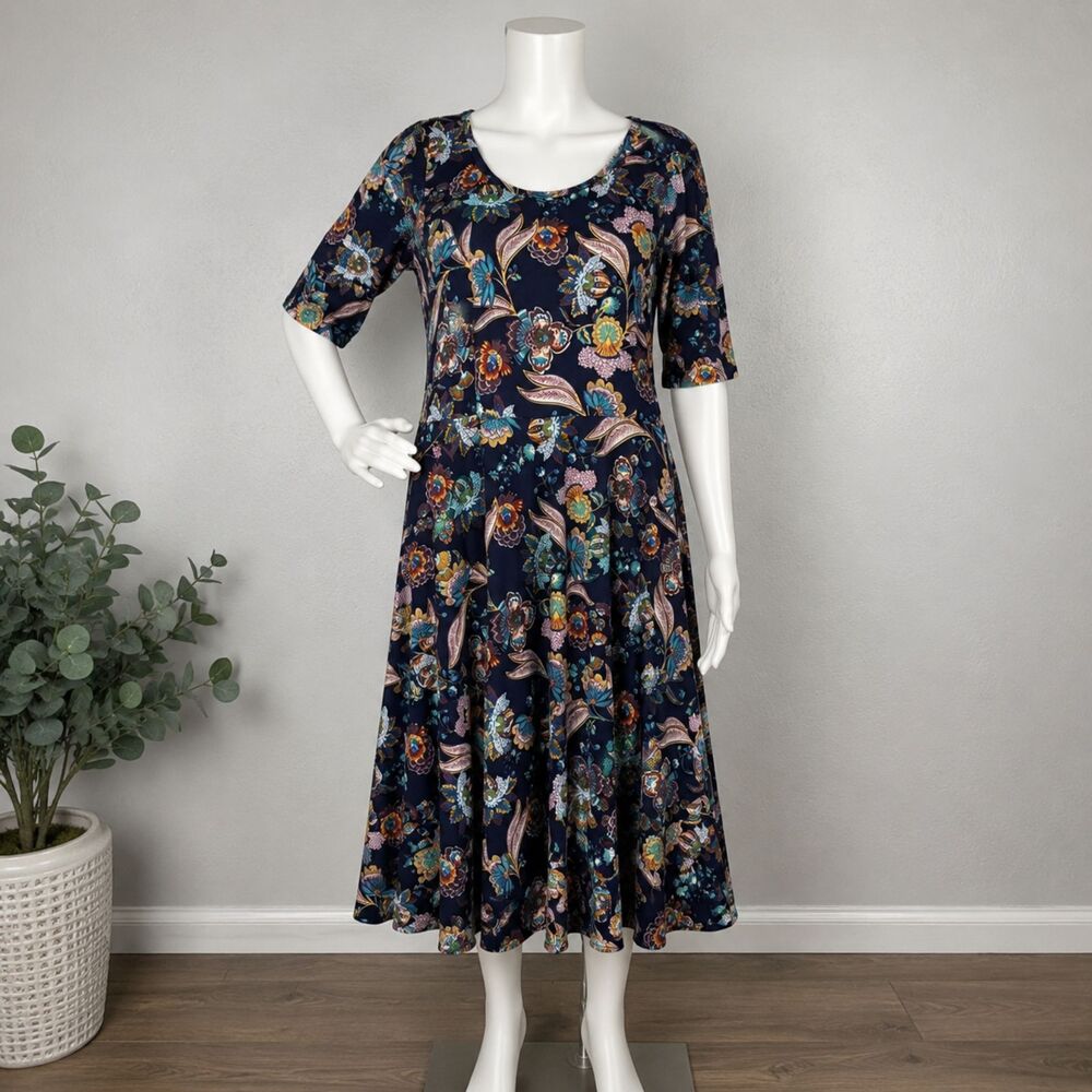 LuLaRoe Nicole Dress Women's 3XL Navy Floral Fit & Flare Stretch Midi Dress NWT